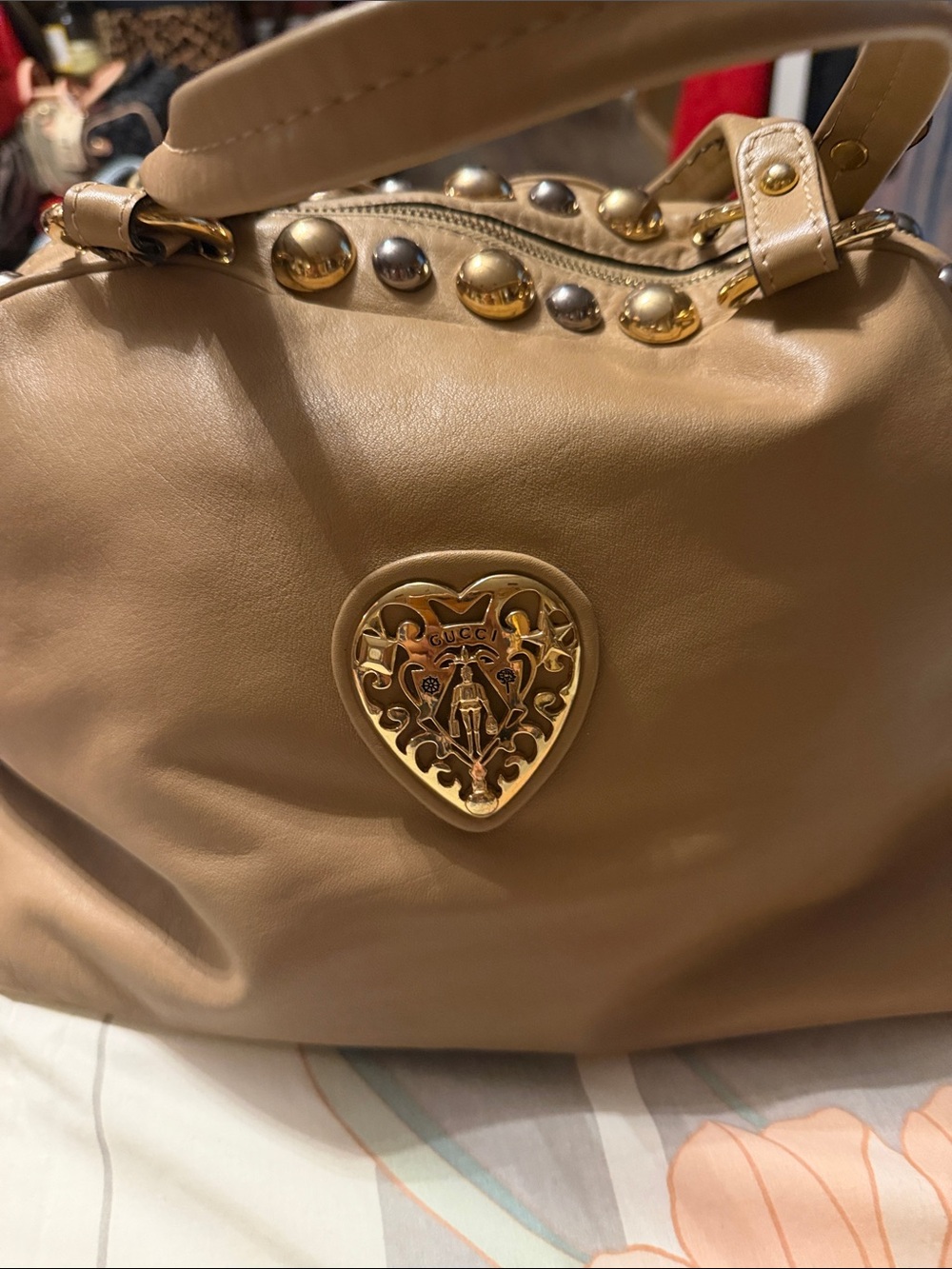 Gucci Tan Leather Shoulder Bag with Gold Heart Emblem